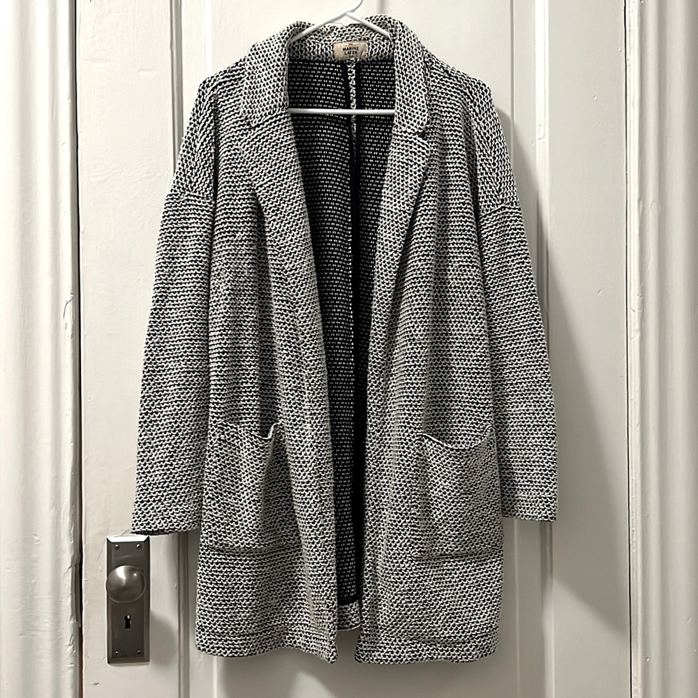 Marine Layer Birdseye knit cardigan black white long oversized open front large.